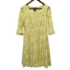 Rabbit Rabbit Rabbit Designs Yellow Lace Midi Dress 3/4 Sleeve‎ Flared Hem Sz 10